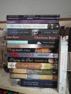 Bottom four were book trades, Jen Turano was a giveaway win, I purchased the next 4 Indie books, Jane Eyre thrift store, and the next three are review books, and the top two: one was a give-away win, the other I purchased on CBD. :)